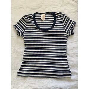 Vintage Y2K Striped Hand Cut Bella Swan Babydoll Top Blue Juniors Med Small